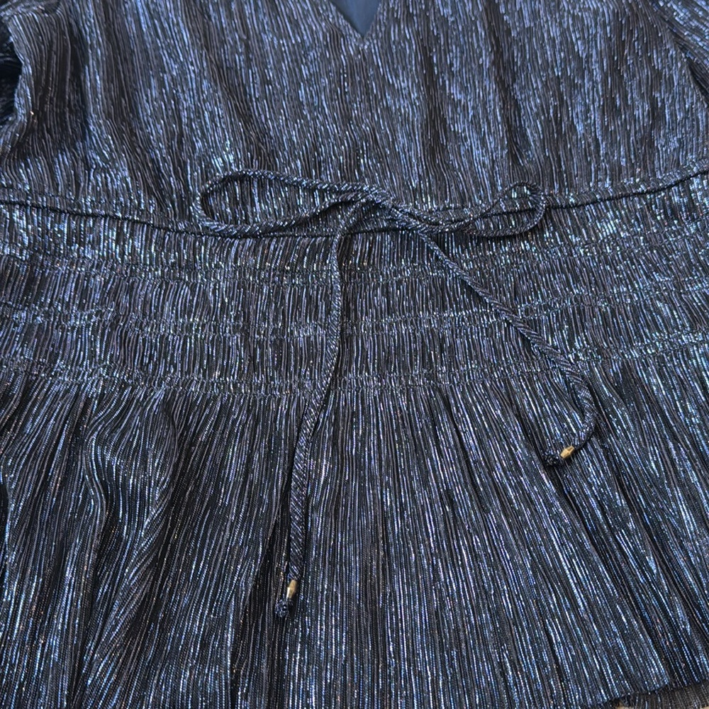 White House Black Market Shimmering Metallic Sparkle Peplum Navy Blouse Women M - Picture 3 of 10